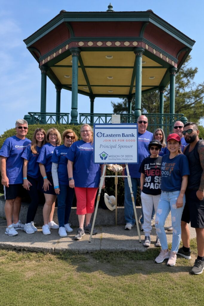 Mission-of-Deeds-Corporate-Volunteers | Mission of Deeds Group of volunteers in blue shirts posing beside an Eastern Bank sponsor sign for Mission of Deeds at a park gazebo.